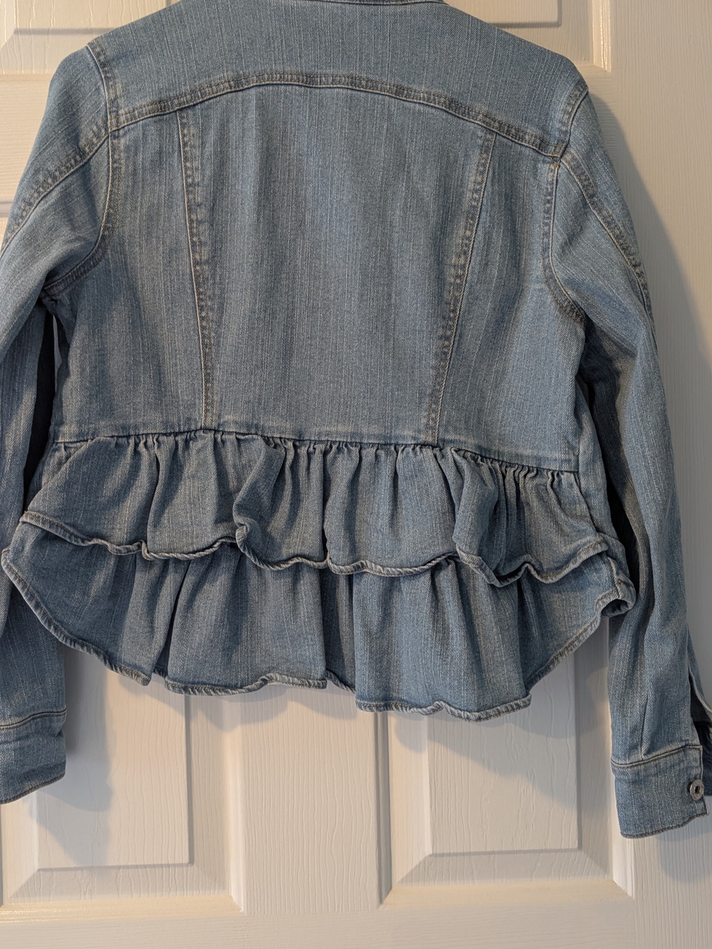 Light Wash Denim Ruffle Hem Jacket - Women